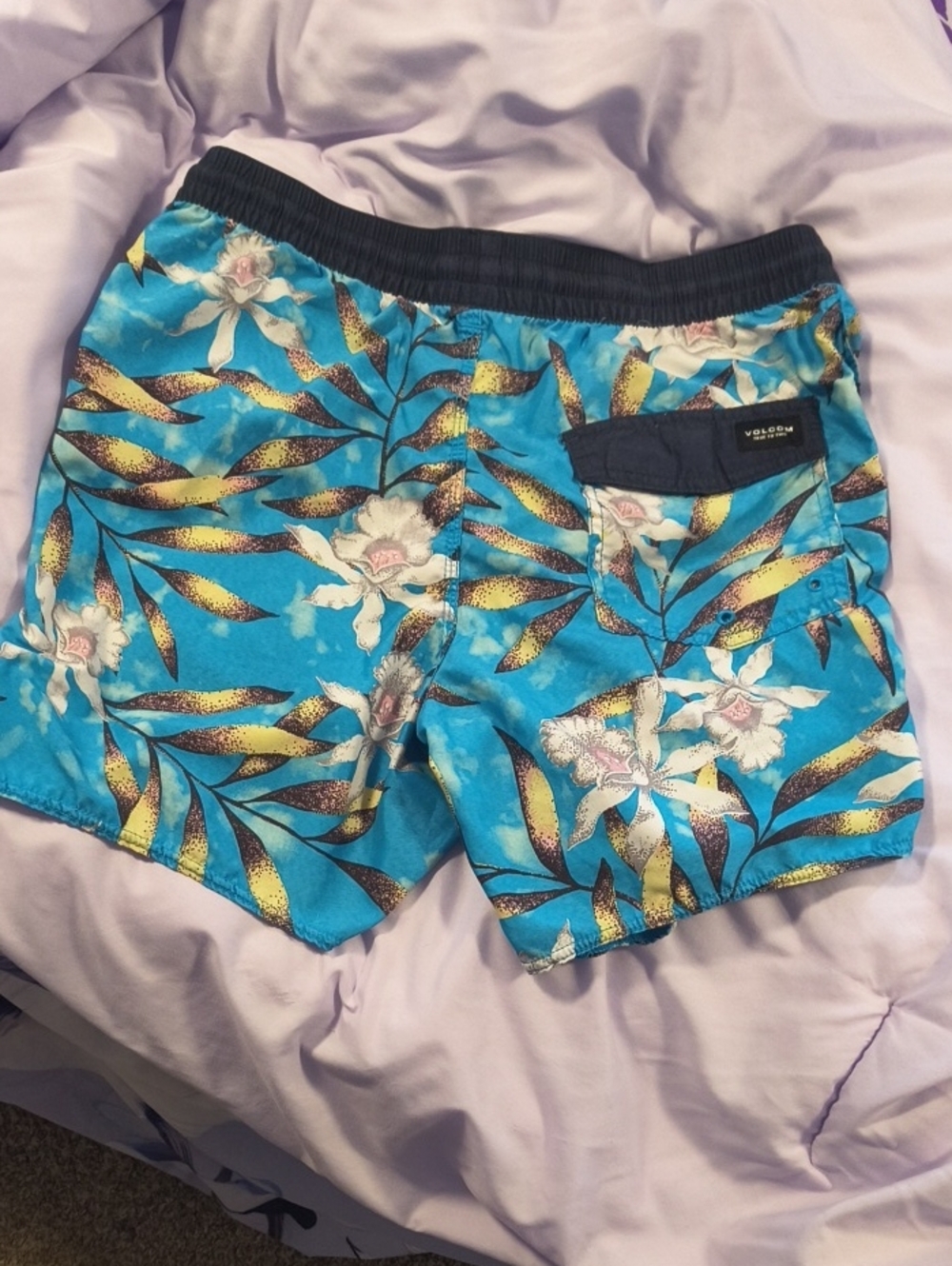 Volcom Turquoise Floral Swim Shorts with Yellow Accents